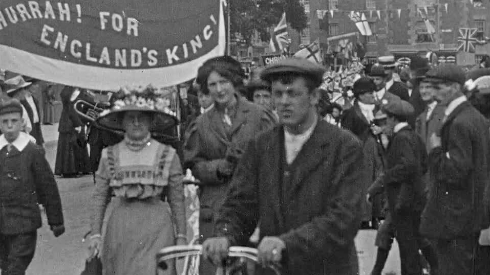 Long live the King - and the car! Warminster celebrates the coronation of George V with a parade of motor cars.