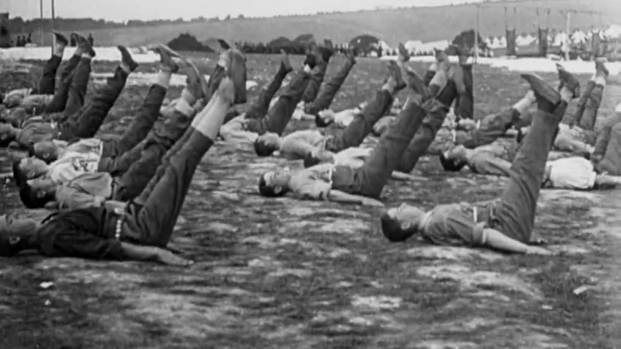 The first married men to be conscripted to fight in WWI undergo training for the trenches.