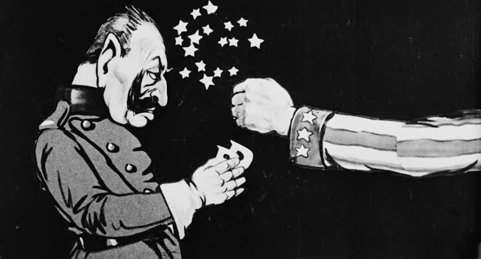A star-spangled sock on the nose for Kaiser Wilhelm, as this wordplay propaganda cartoon meets war crimes with pun-ishment