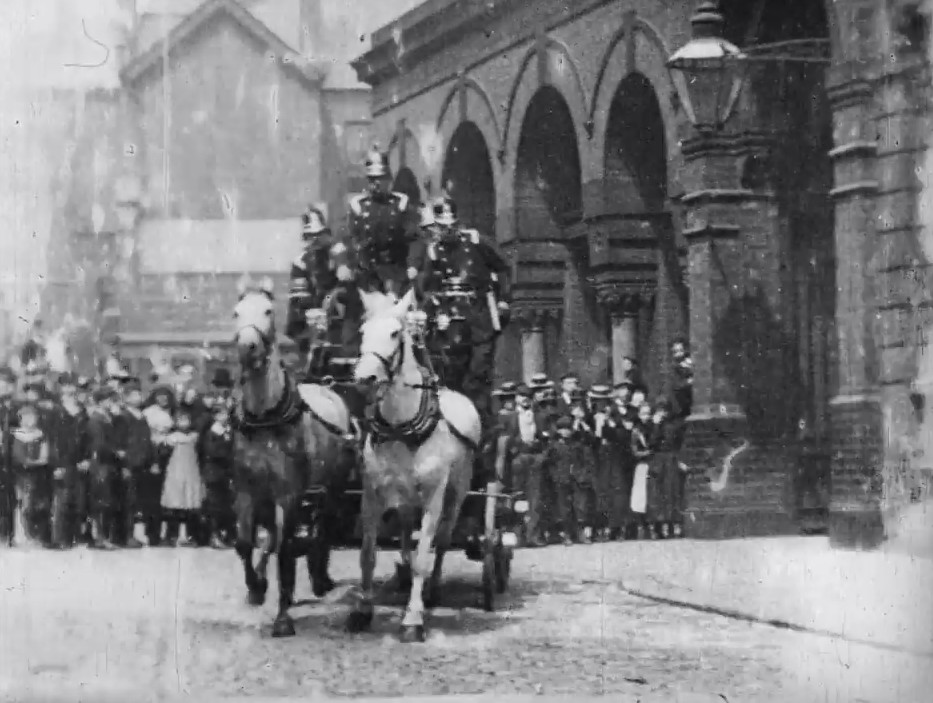 Fire! These early 20th-century firemen ride to the rescue on horse-drawn engines, bicycles and even a tandem