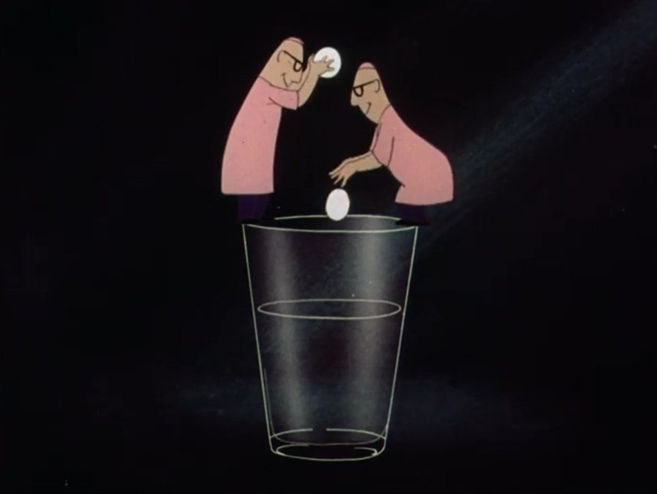 Anthropomorphic houses pop pills to defeat colds in this cartoon cinema commercial