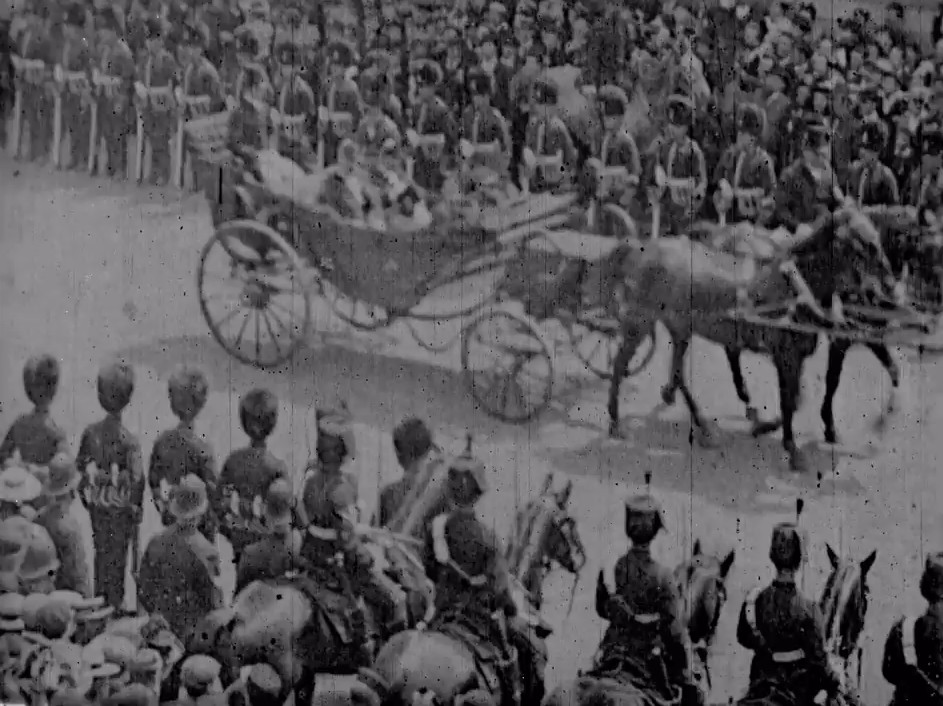 Carriages full of well-heeled guests continue in Queen Victoria's Diamond Jubilee procession, filmed for RW Paul.