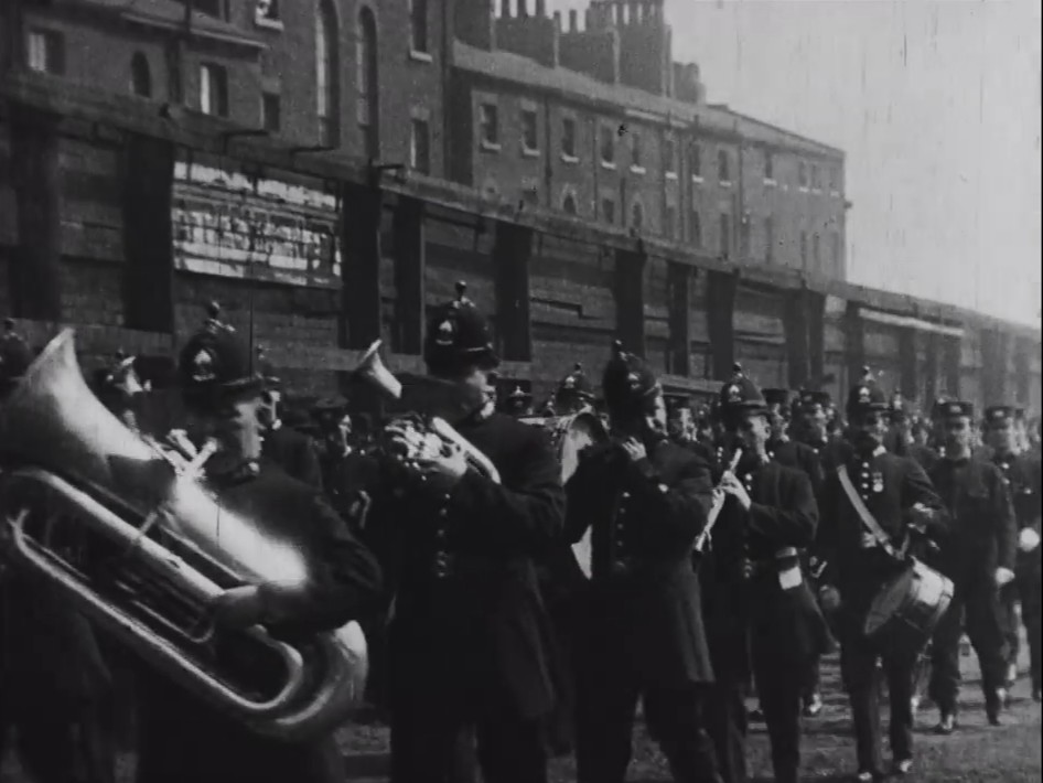 Leeds' policemen on parade - on horseback and in marching bands.