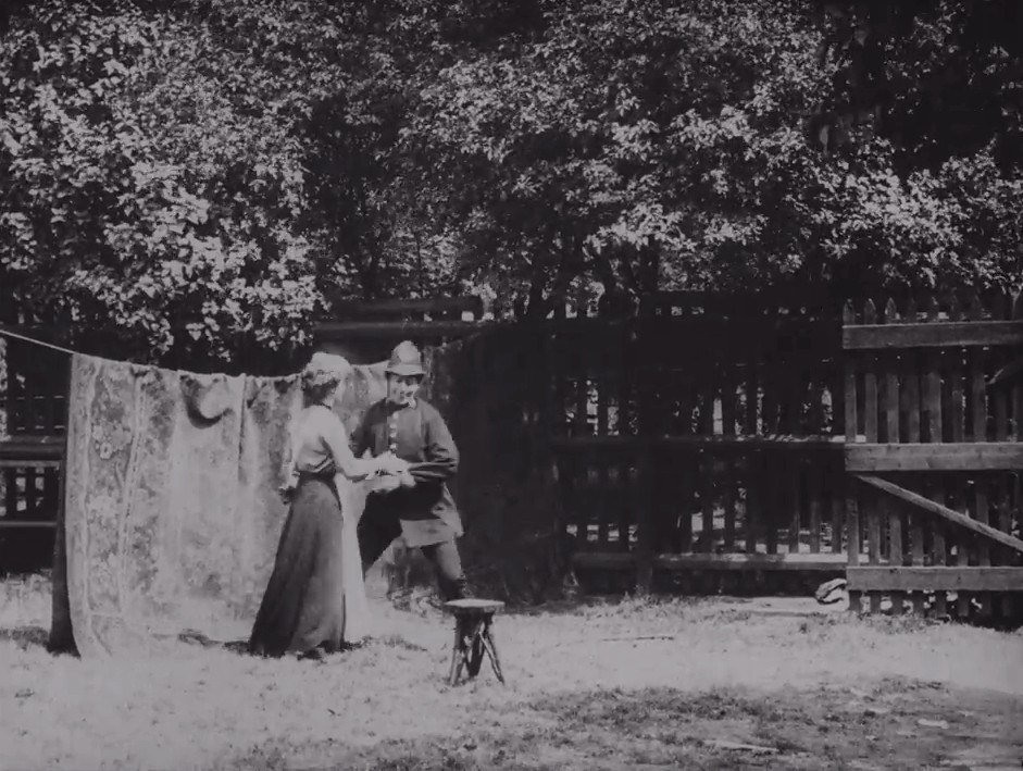 A woman beating out a carpet; a frisky policeman; a husband's return... whatever will happen next?