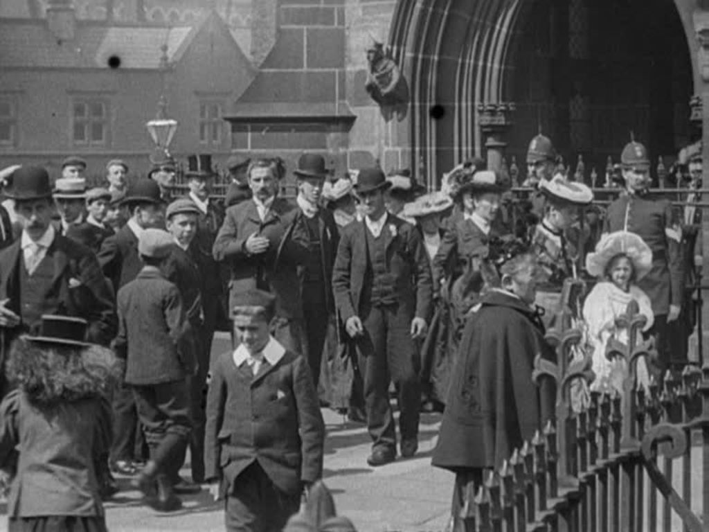 The sun shines on the mayor's procession in Wigan to mark the coronation of Edward VII.