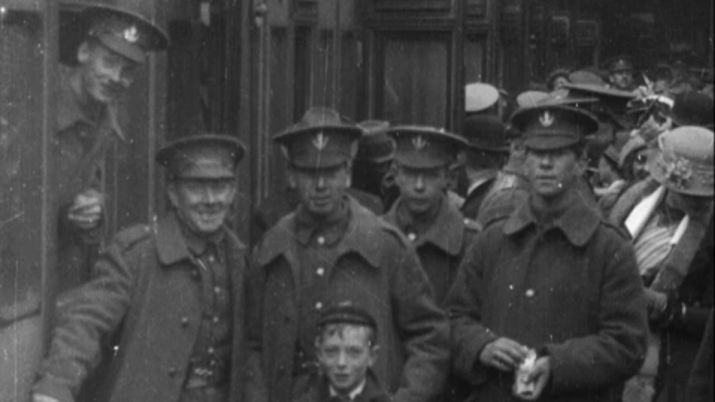 Moving record of relatives waving a fond farewell to departing loved ones during WWI.